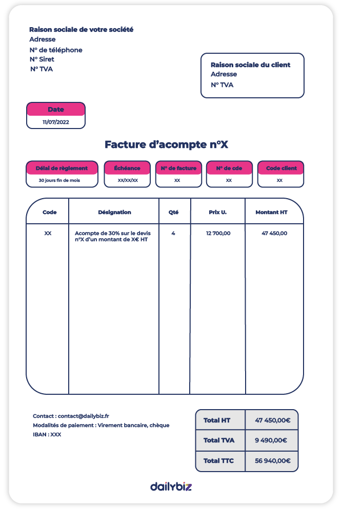 Facture d'acompte exemple